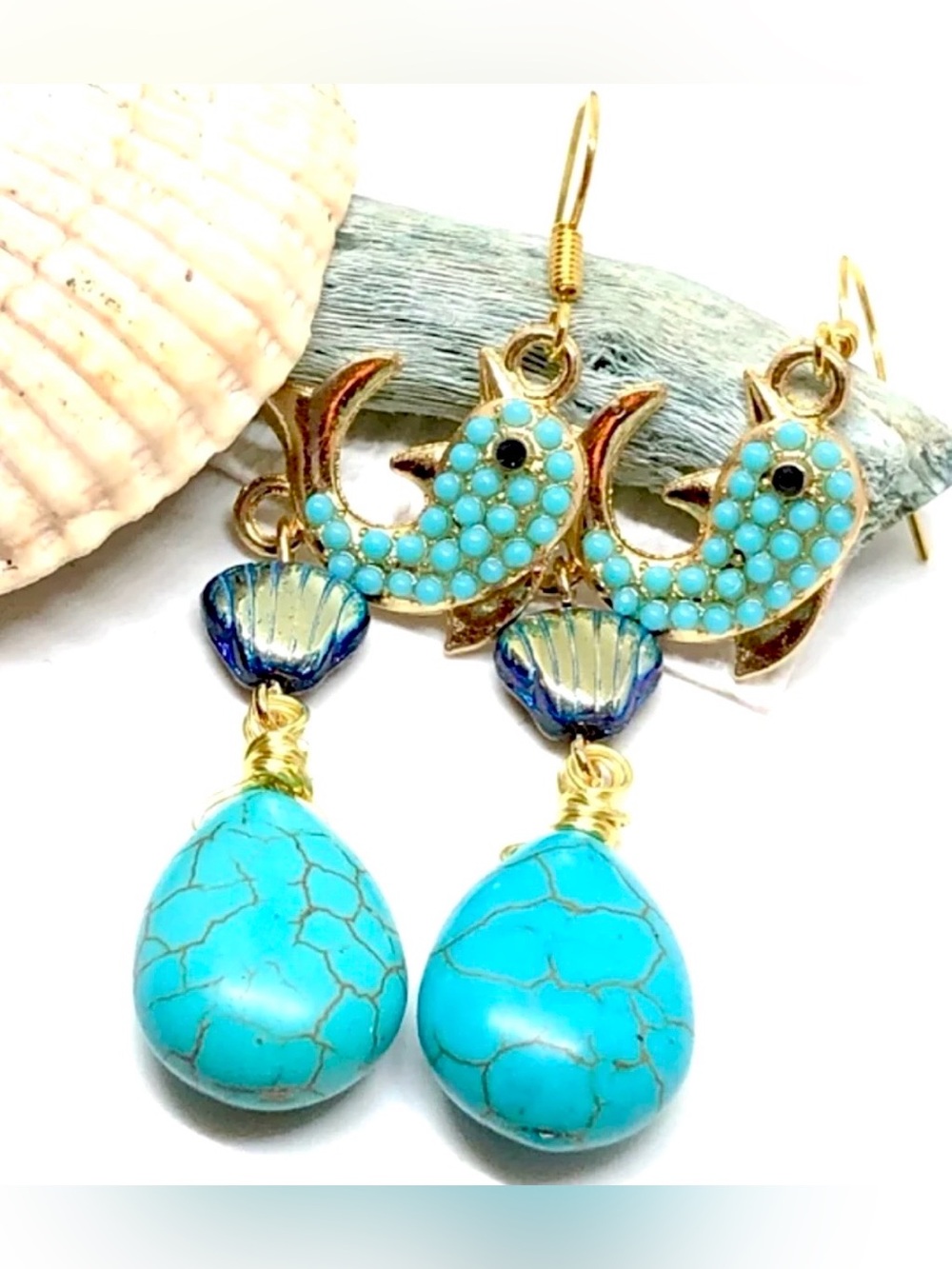 Turquoise Blue Beaded Dolphin Earrings AB Black Glass Shell Stone Drop Earrings